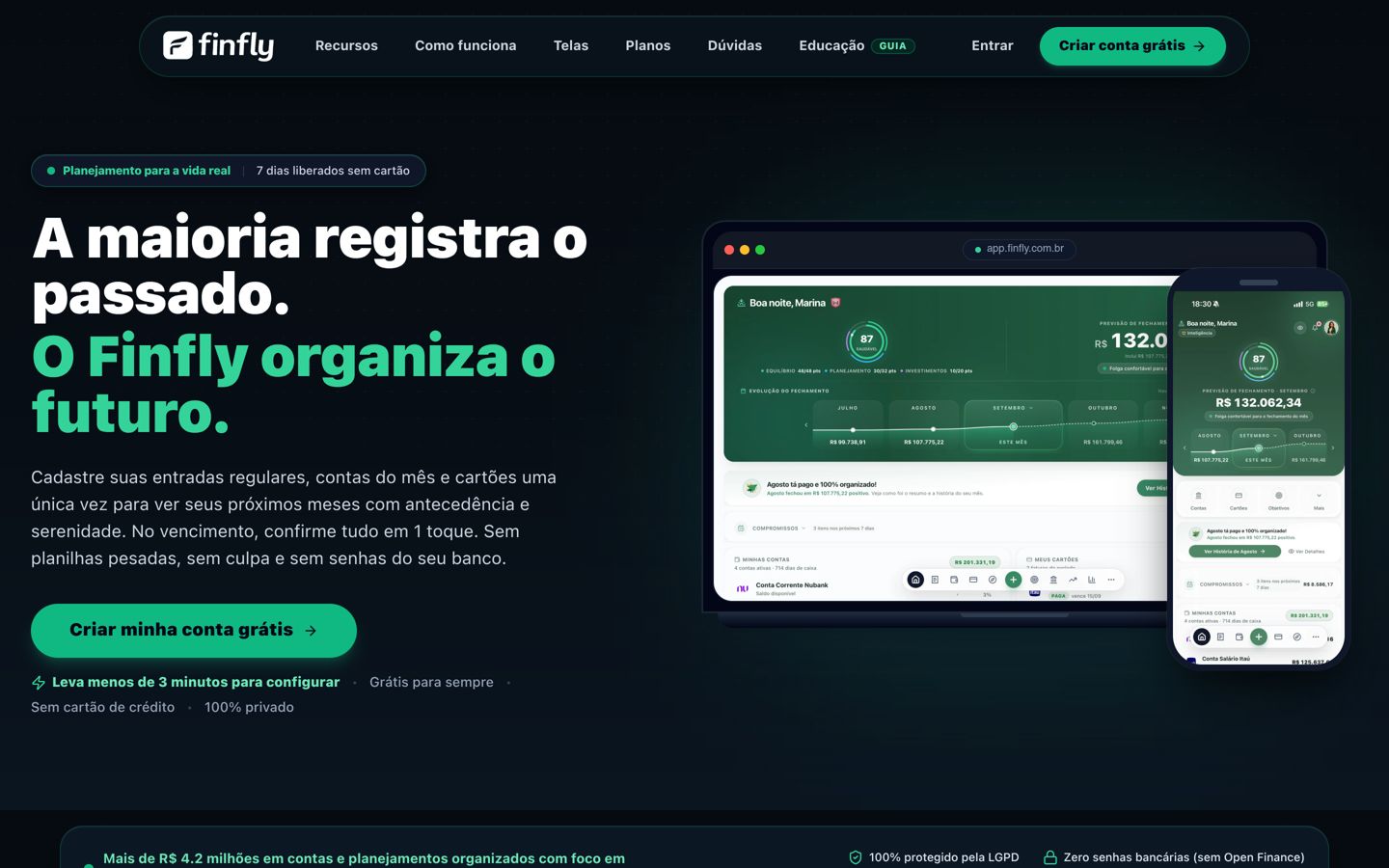 Página inicial do Finfly com o painel financeiro no computador e no celular