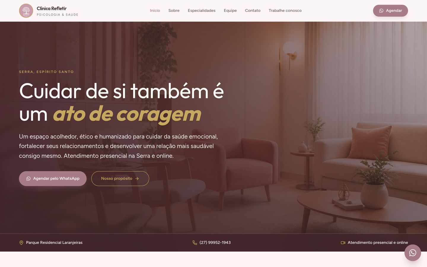 Página inicial do site da Clínica Refletir, psicologia e saúde